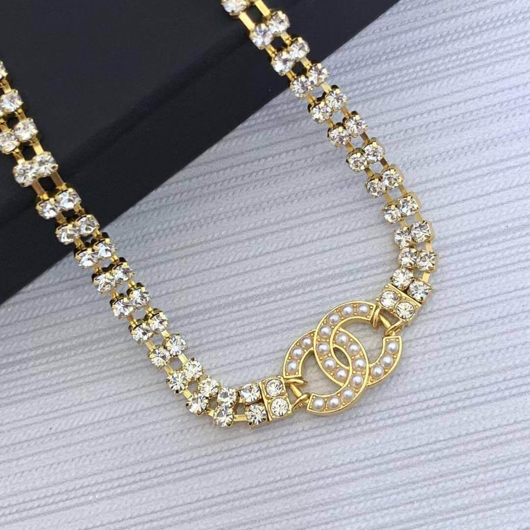 Chanel Double Strand Gold Crystal CC Pearl Necklace 460975