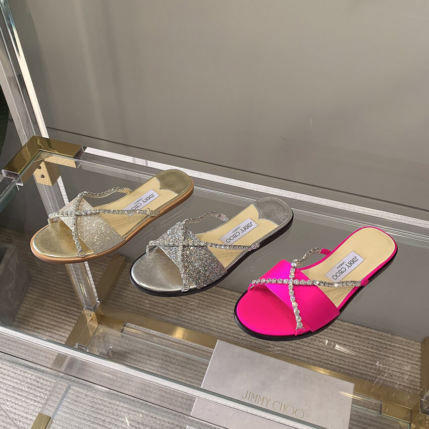 Jimmy Choo Aadi Platinum Ice Dusty Glitter Flats With Crystal Chain C6137