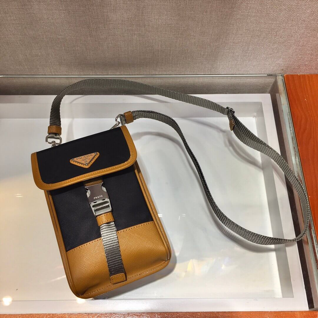 Prada Nylon and Saffiano Leather Smartphone Case 2ZH109 Black Caramel