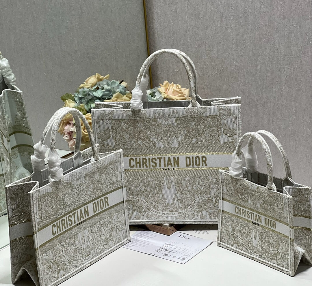 Dior Book Tote Gold-Tone and White Butterfly Around The World Embroidery