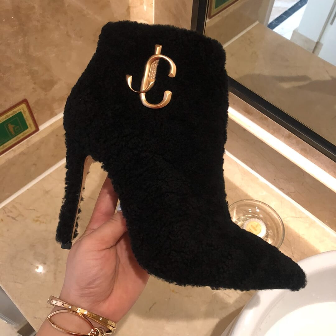 Jimmy Choo Shearling Ankle Bootie with Gold JC Logo 80259