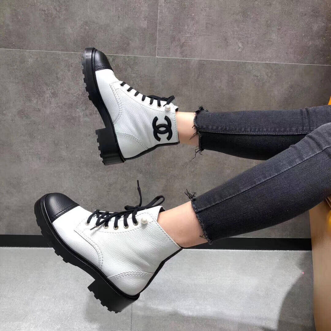 Chanel Pearl Embellished Ankle Boots G36209 Black/White