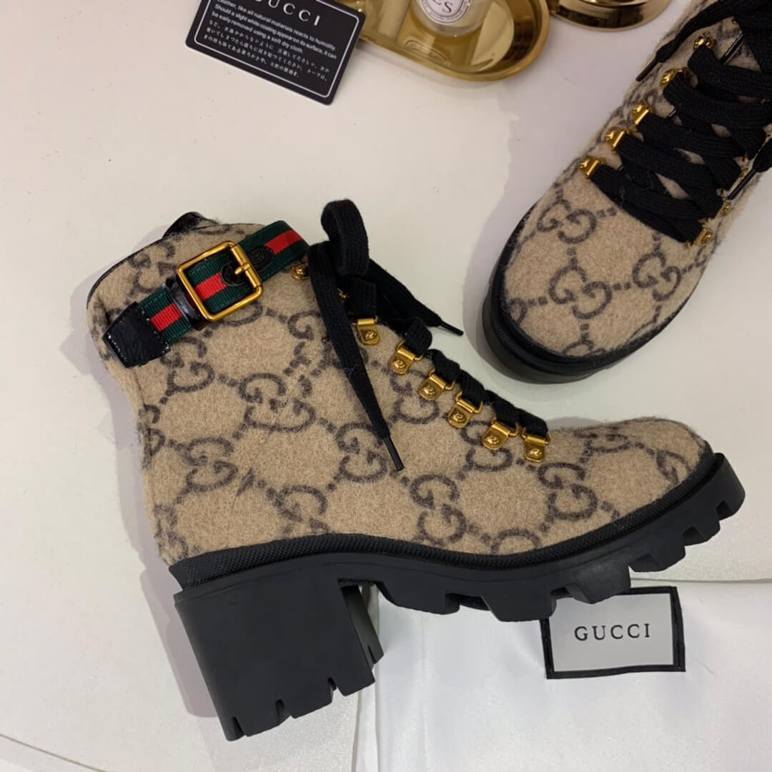 Gucci Trip GG Wool Combat Boots 583349 Beige