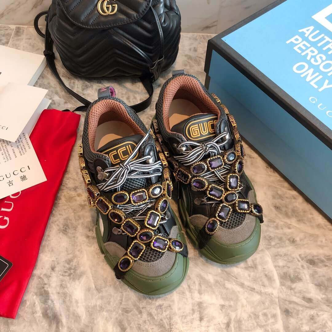 Gucci Flashtrek Sneaker With Removable Crystals 537355 Green