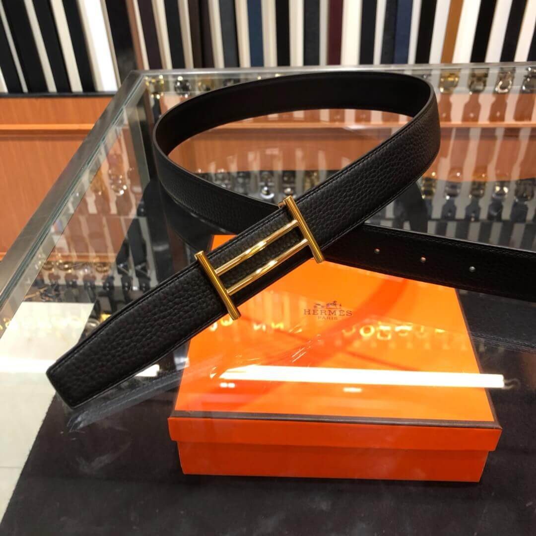 Hermes Rider Belt Buckle & Reversible Leather Strap 32mm H075372 Black
