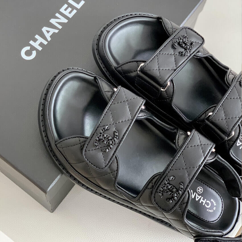 Chanel Caviar Gold CC Logo Velcro Dad Sandals G35927 Black