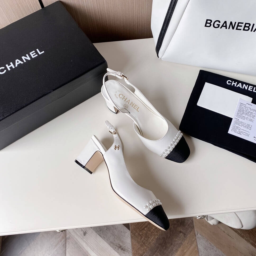 Chanel Pearl Embellished CC Cap Toe Slingbacks 36124