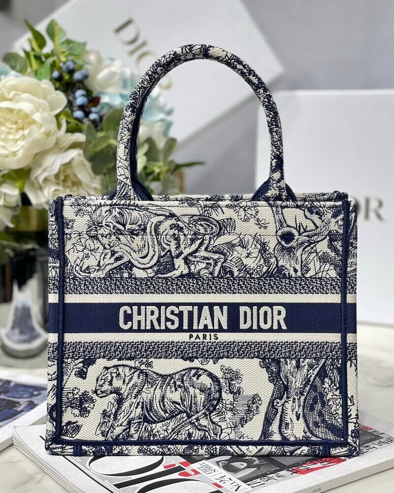 Christian Dior Small Book Tote Bag 26cm Toile De Jouy Reverse Embroidery Blue