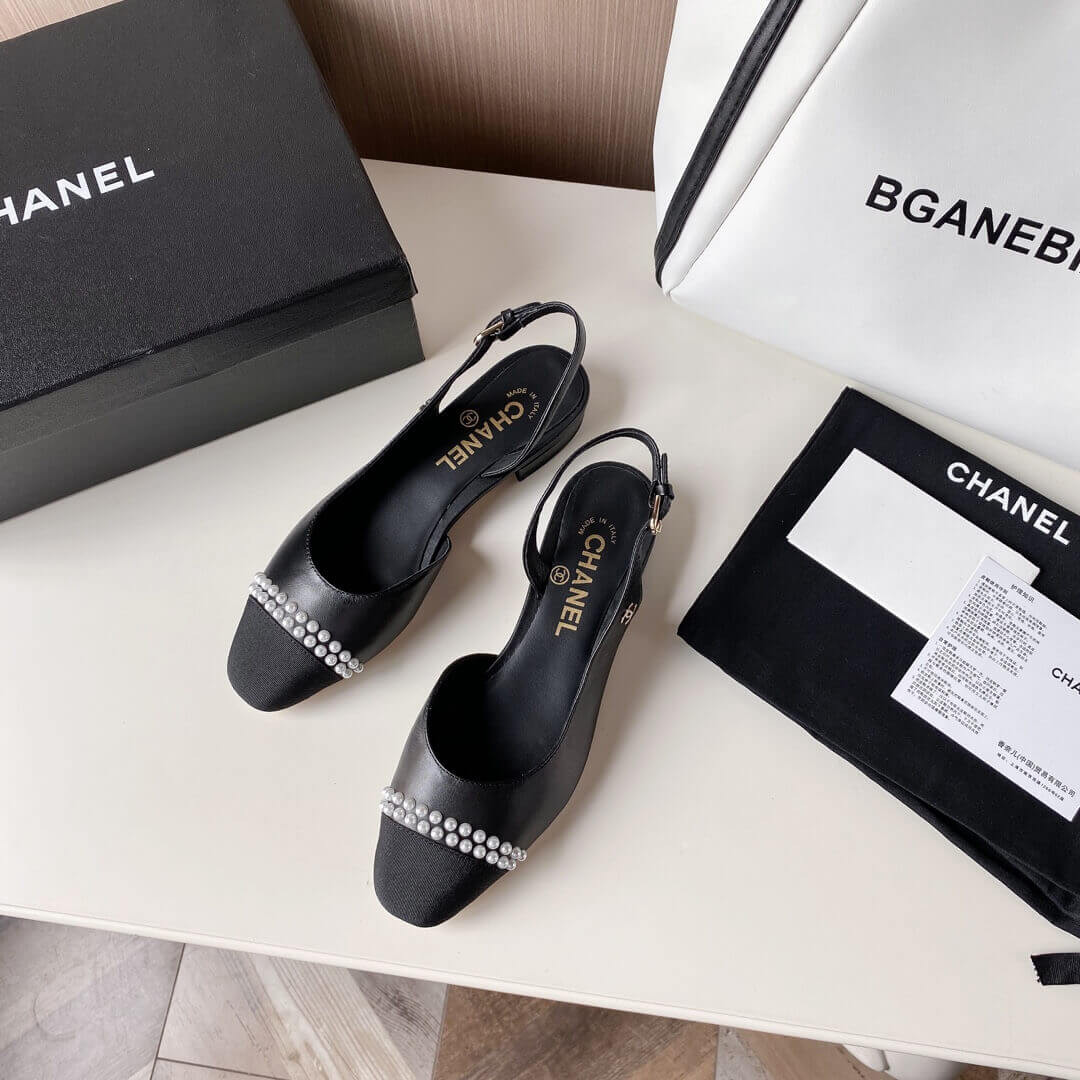 Chanel Pearl Embellished CC Cap Toe Flat Slingbacks 36125