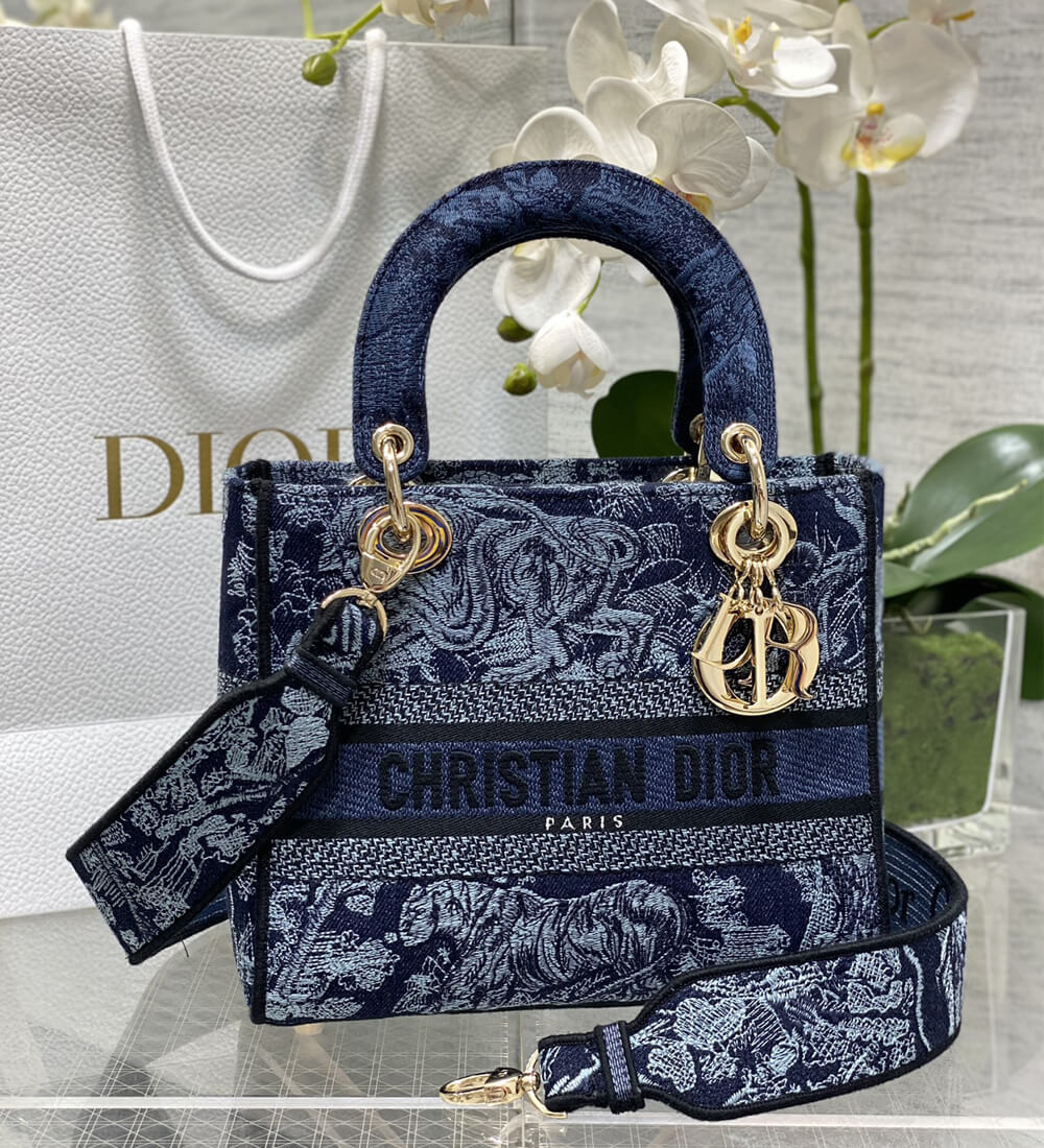 Dior Medium Lady D-Lite Bag Denim Blue Toile de Jouy Embroidery M0565