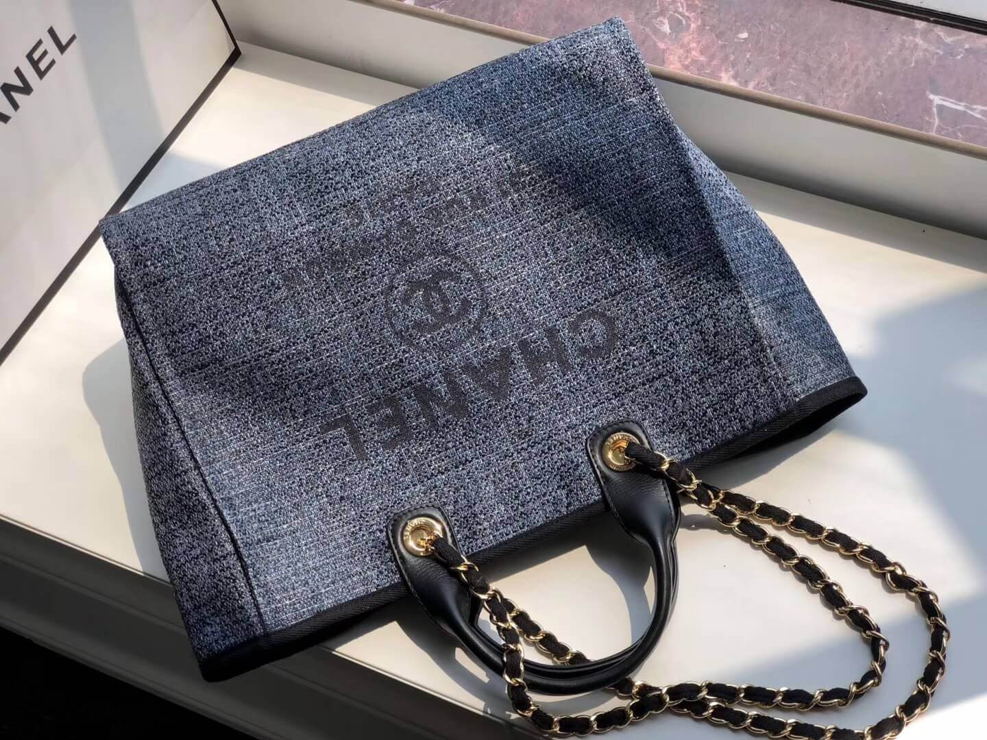 Chanel Deauville Tote 38cm Canvas Bag A66941 Grey Blue