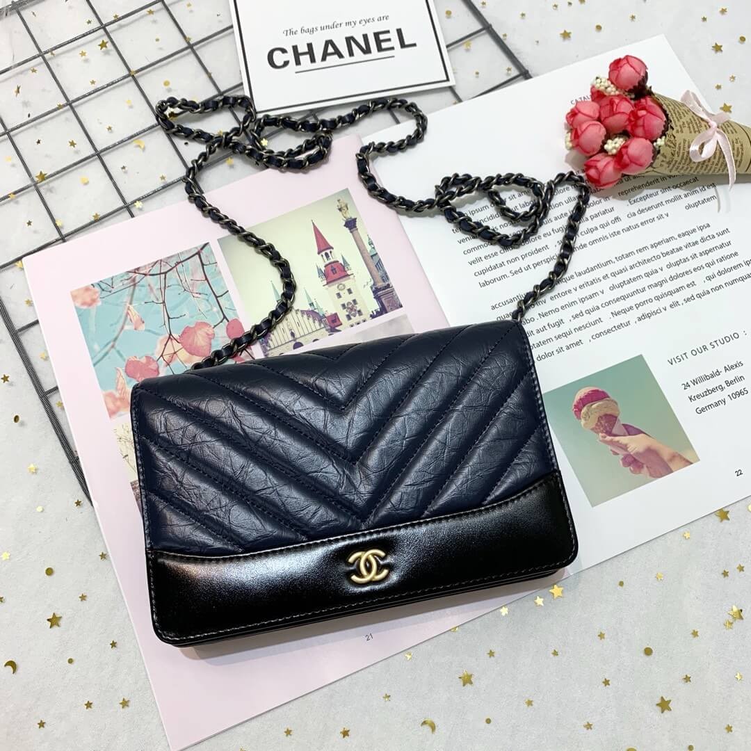 Chanel Chevron Crinkled Calfskin Gabrielle Wallet on Chain WOC Bag A86025