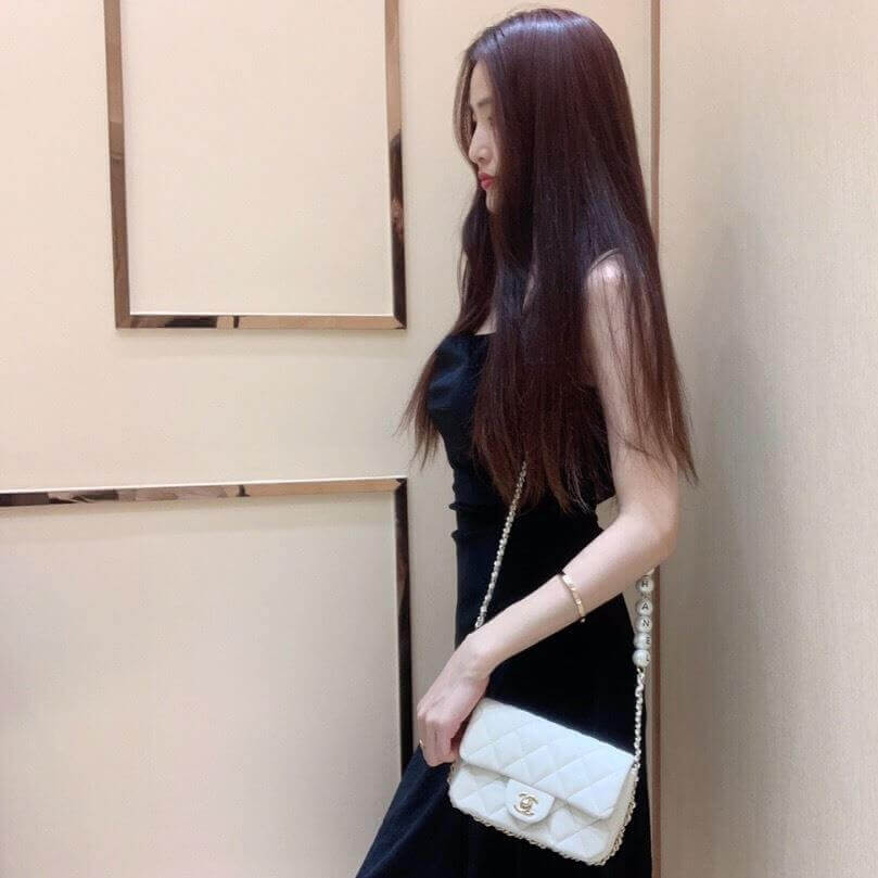 Chanel Small Pearl Logo Strap Flap Bag AS1436 White