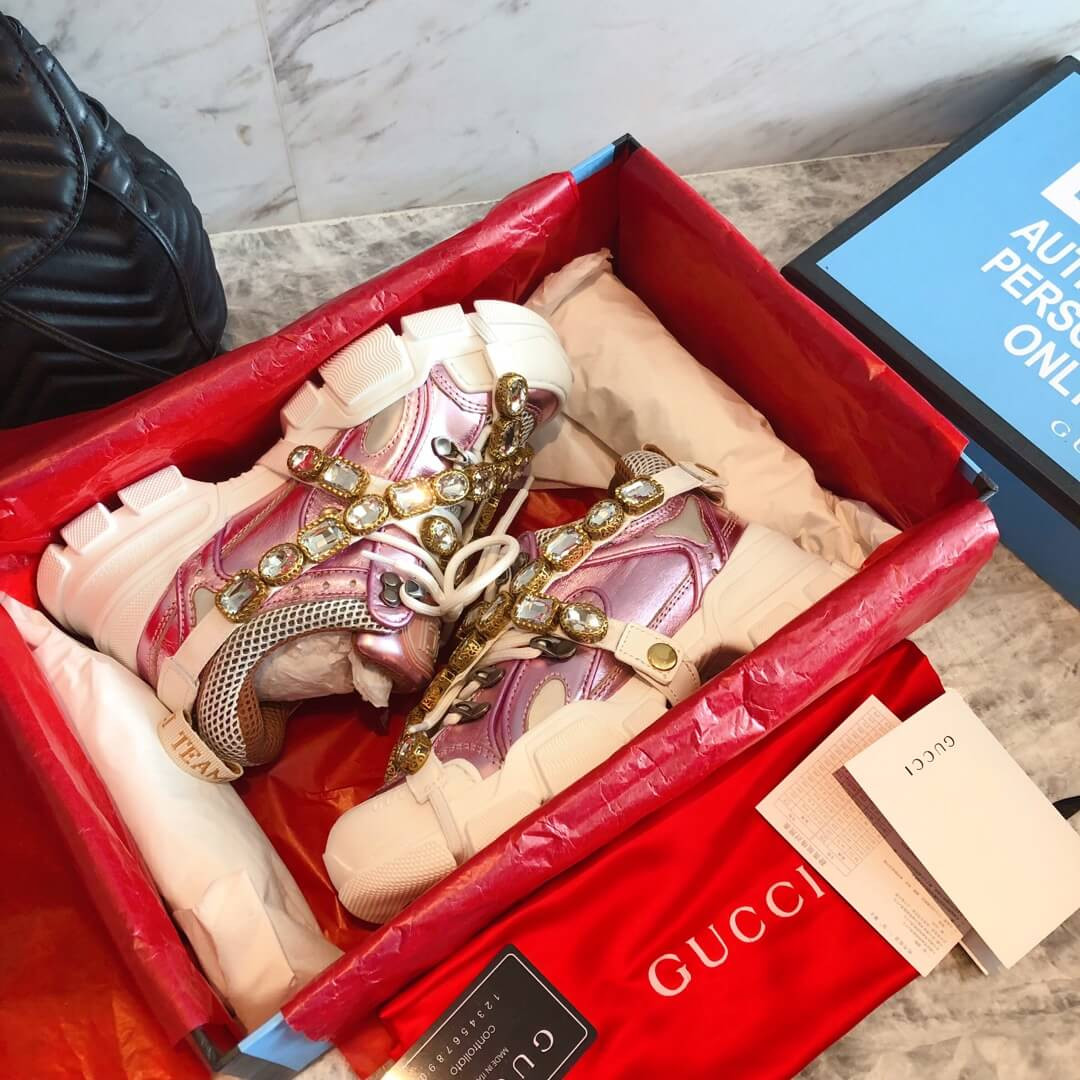 Gucci Flashtrek Sneaker With Removable Crystals 537133 Pink Metallic