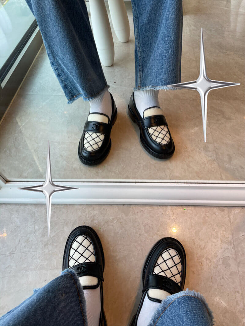 Chanel Black Leather and White Velvet Loafers