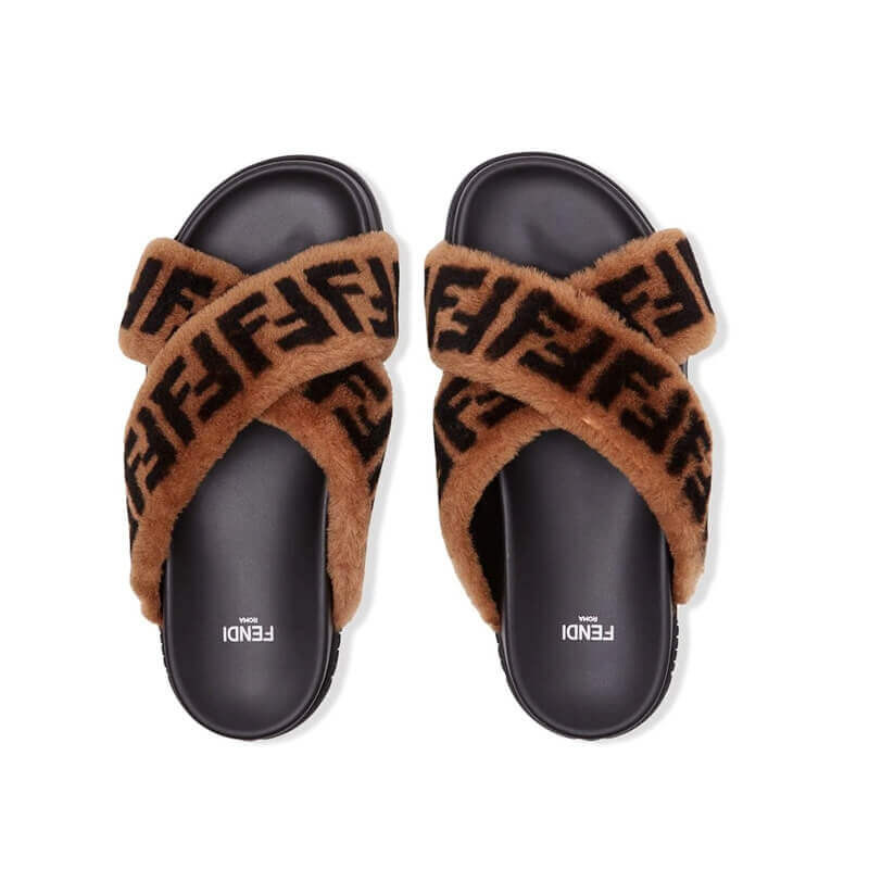 Fendi Logo Shearling Fur Slides Sandals F126