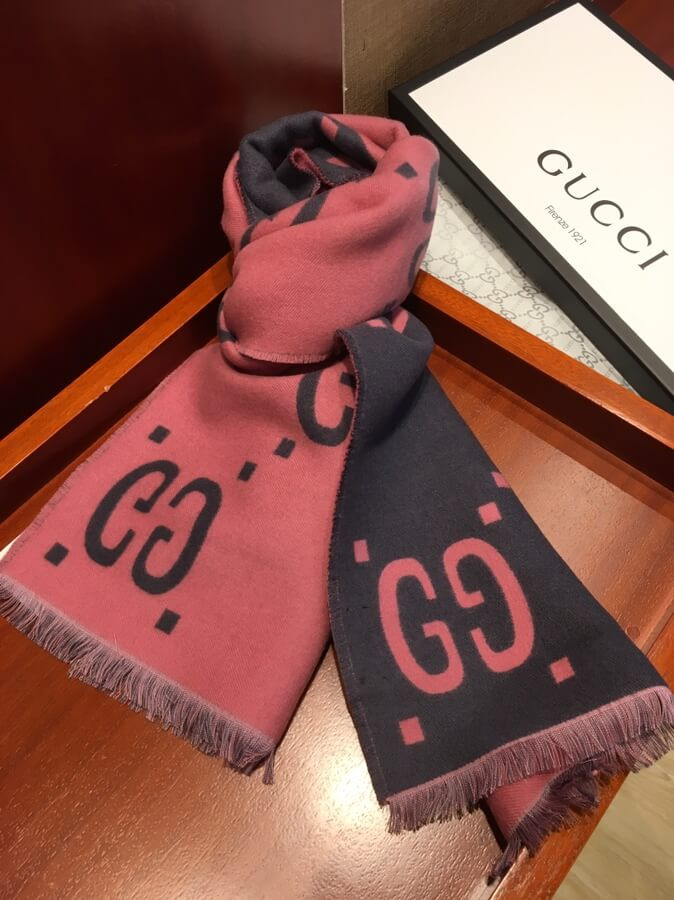 Gucci GG Jacquard Wool Silk Scarf 495592 Blue/Pink