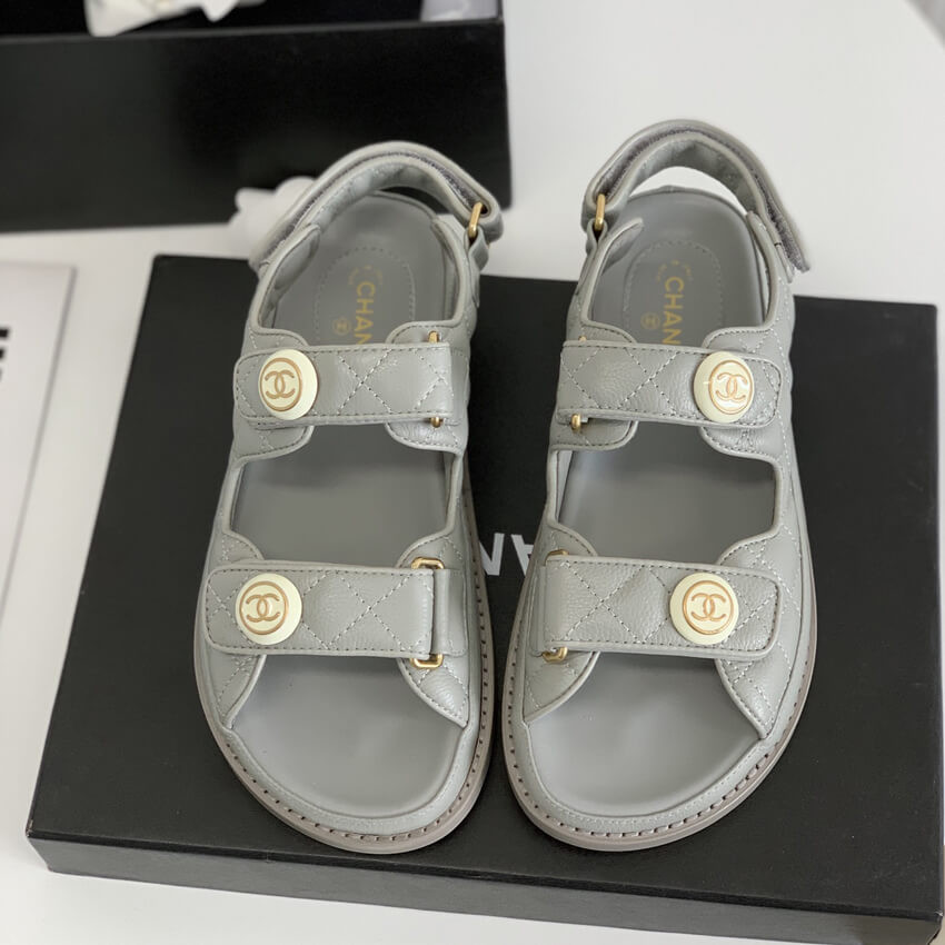 Chanel CC Button Velcro Sandals Grained Calfskin Leather 261157