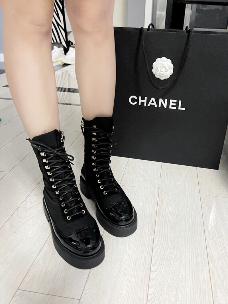 Chanel Nylon and Patent Calfskin Lace-Ups Boots G38086 Black