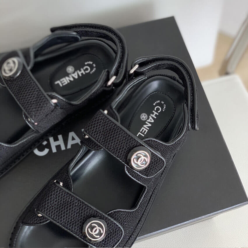 Chanel CC Button Velcro Sandals Technical Fabric/Calfskin Leather 261156