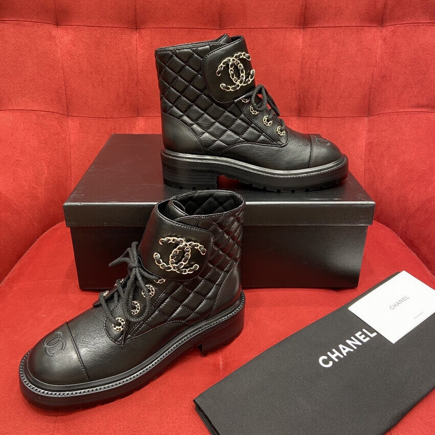 Chanel Black Quilted Gold CC Logo Chain Combat Lace Up Boots G36424