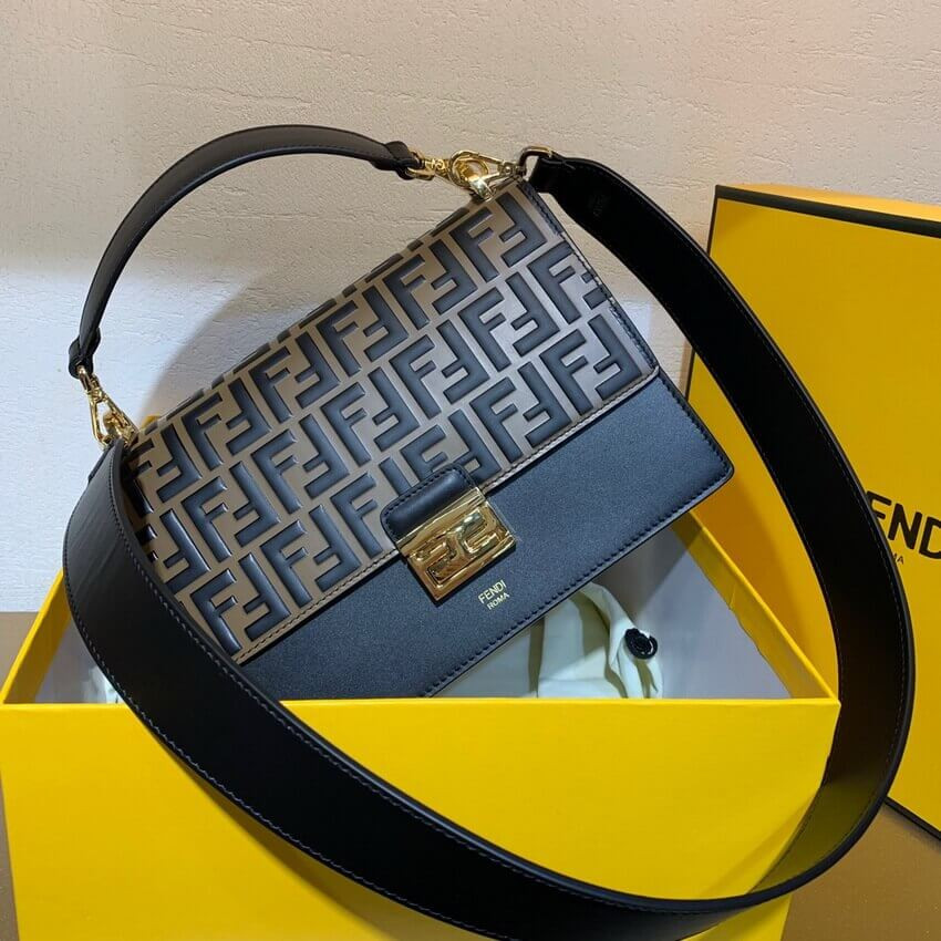 Fendi Black Leather Bag Kan I With Embossed FF Flap 8BT315