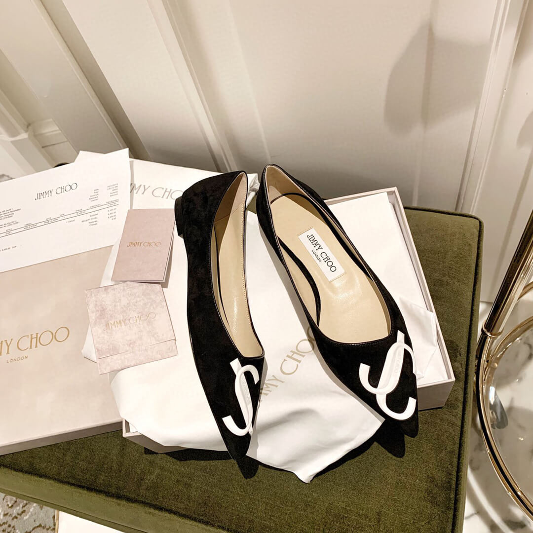 Jimmy Choo Love Flats Suede Pumps In Black and White Logo 231161