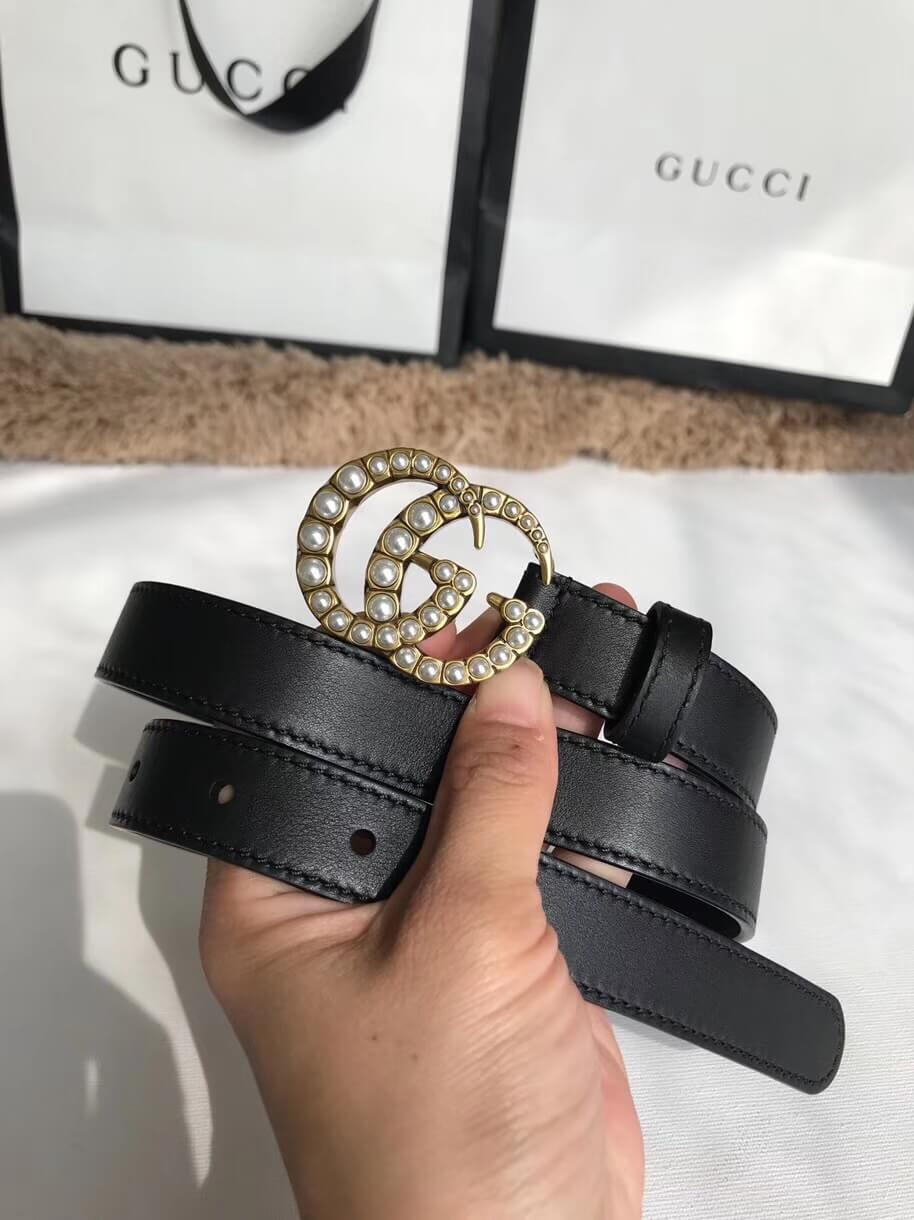 Gucci 20mm Leather Belt With Pearl Double G 453260