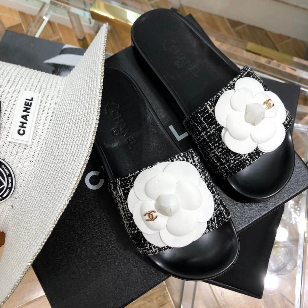 Chanel Camellia Iconic Tweed Flower Mules G14021