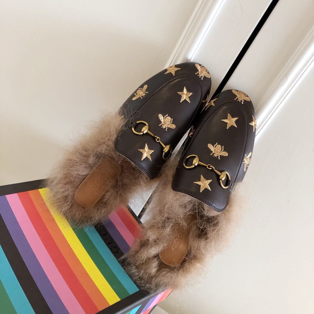 Gucci Princetown Bees and Stars Embroidered Fur Slipper Mules 448653