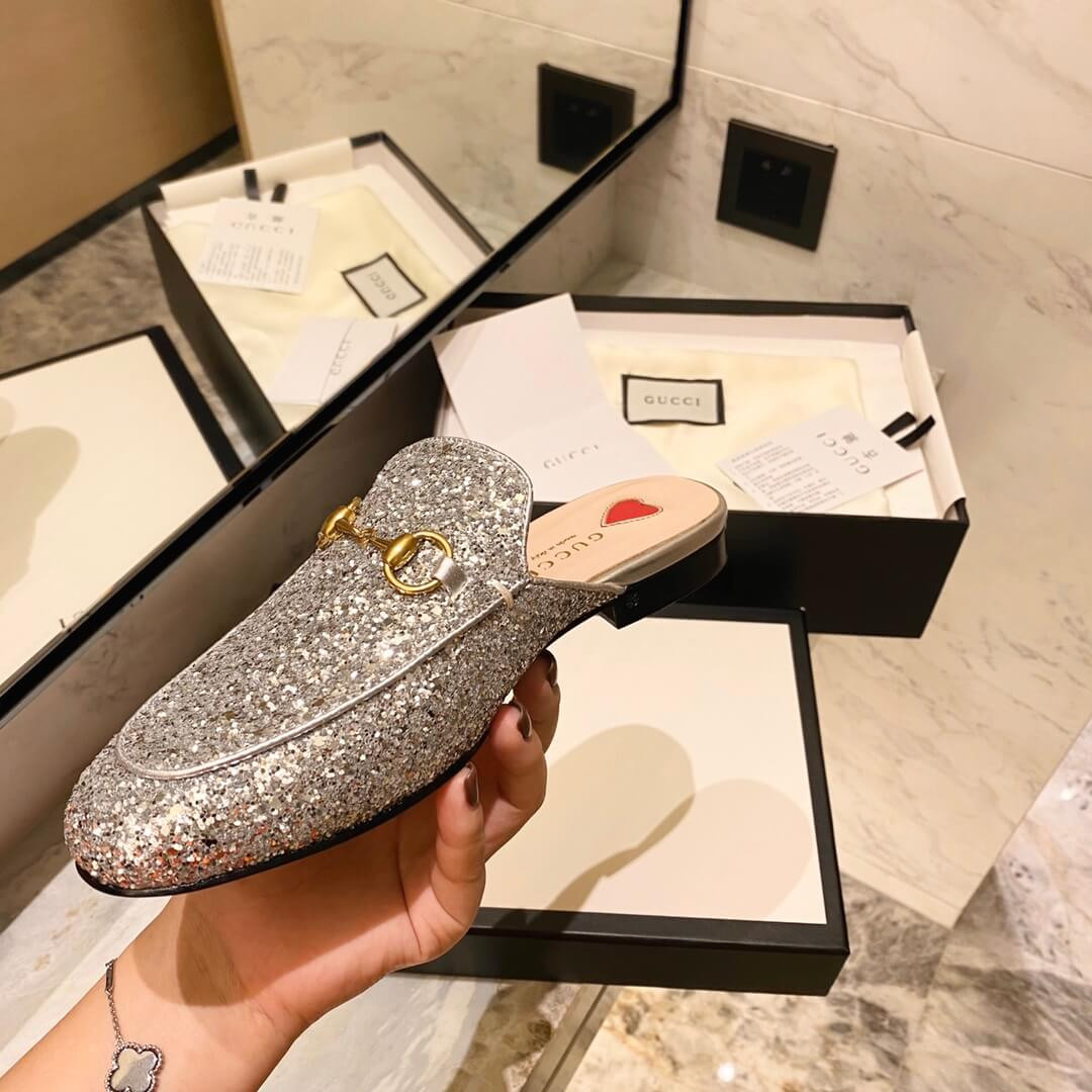 Gucci Princetown Glitter Silver Slipper 432773