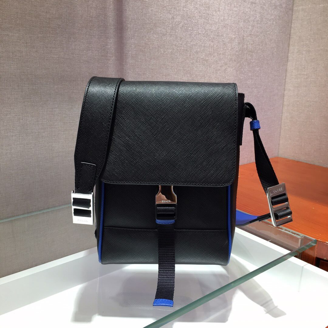 Prada Saffiano Leather Shoulder Bag 2VD019 Black/Blue