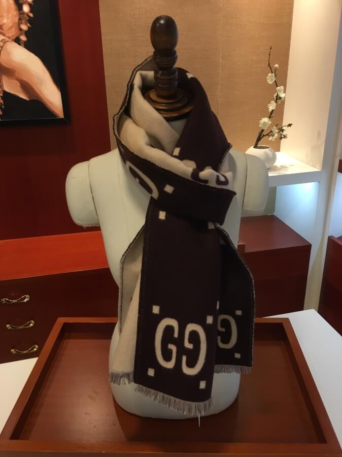 Gucci GG Jacquard Wool Silk Scarf 495592 Black/Beige