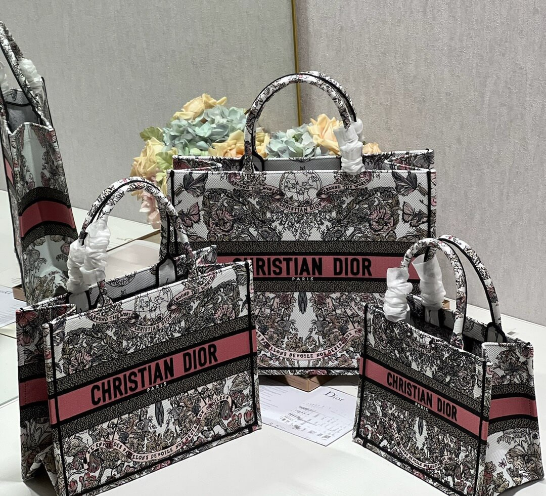 Dior Book Tote White and Pastel Pink Butterfly Around The World Embroidery