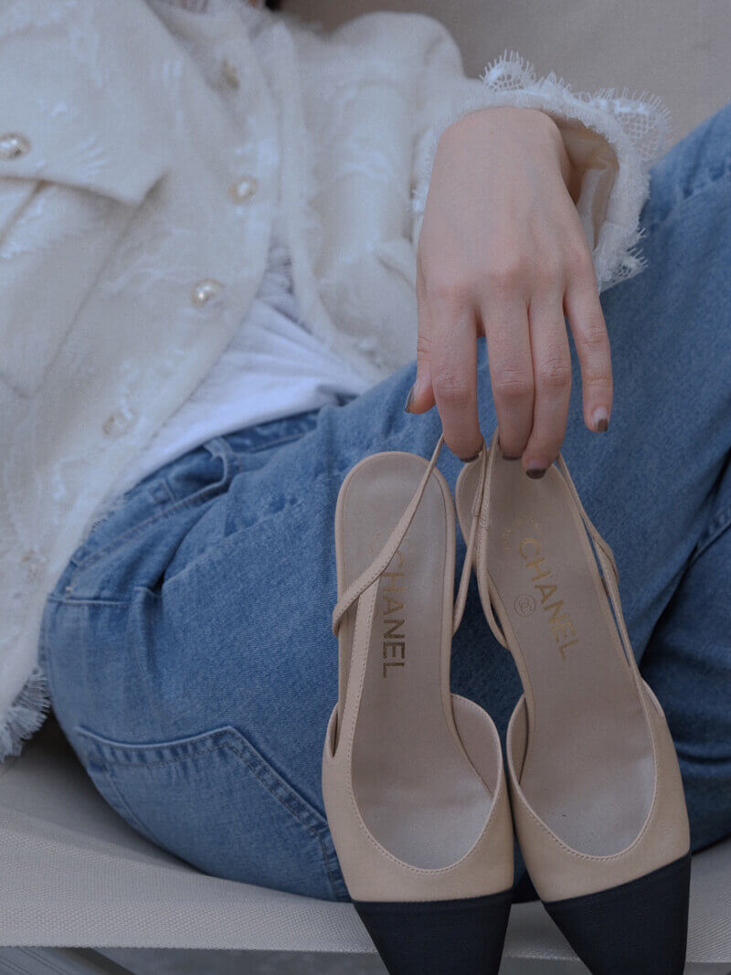 Chanel Goatskin & Grosgrain Slingbacks Beige G31318