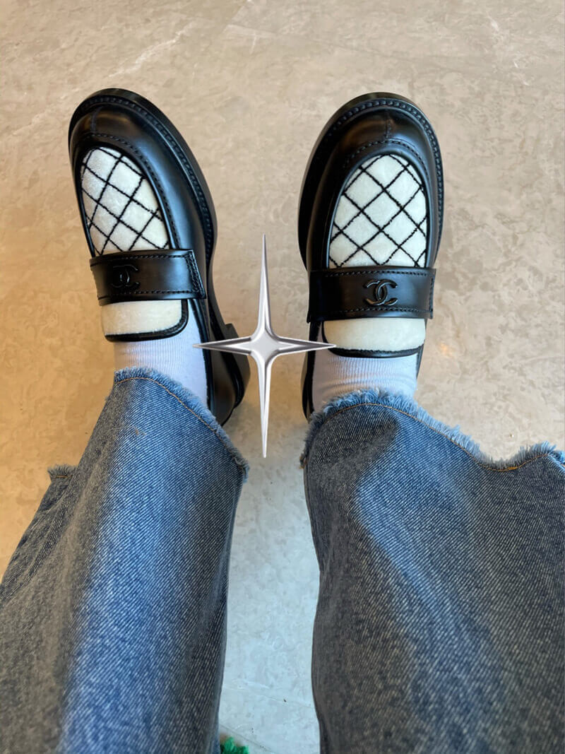 Chanel Black Leather and White Velvet Loafers