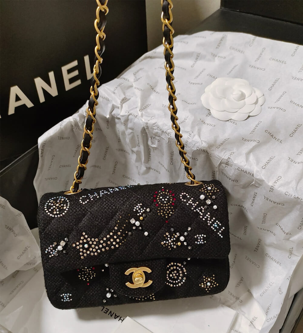 Chanel Tweed Small Double Flap Bag Embroidered Strass and Glass Pearls A01113