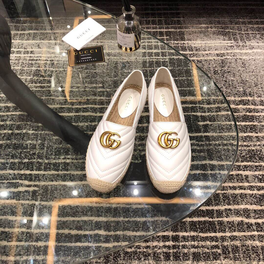 Gucci Chevron Leather Espadrille With Double G 551890 White