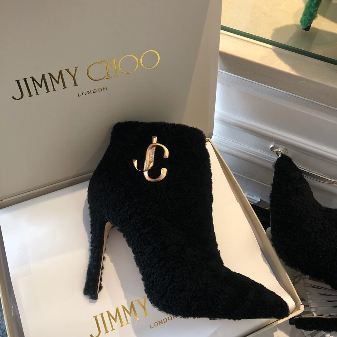 Jimmy Choo Shearling Ankle Bootie with Gold JC Logo 80259