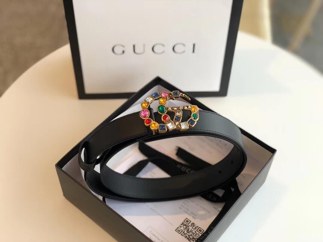 Gucci 40mm Leather Belt With Crystal Double G Buckle 513183