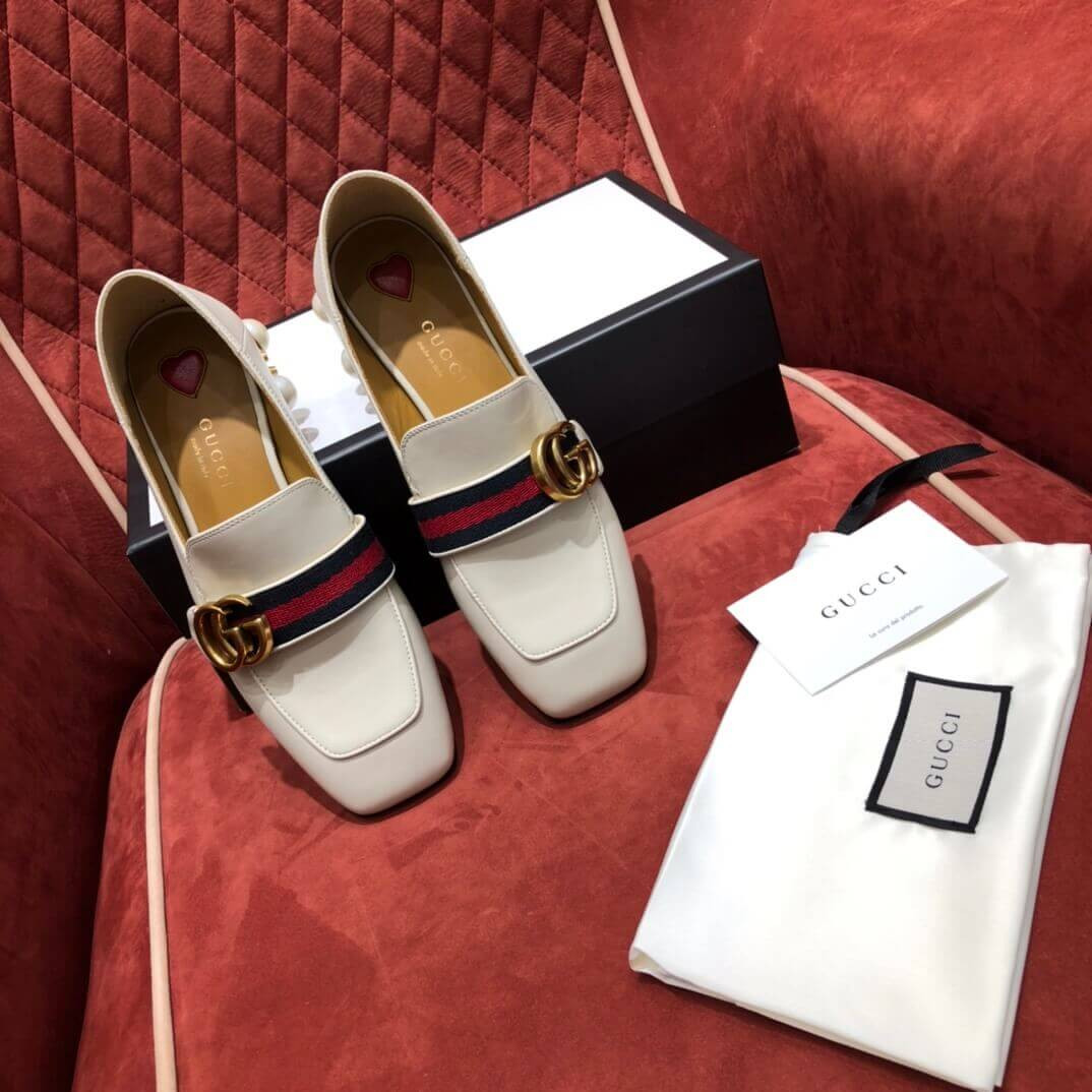 Gucci Calfskin Web Pearl Embellished Mid-Heel Loafer 423559