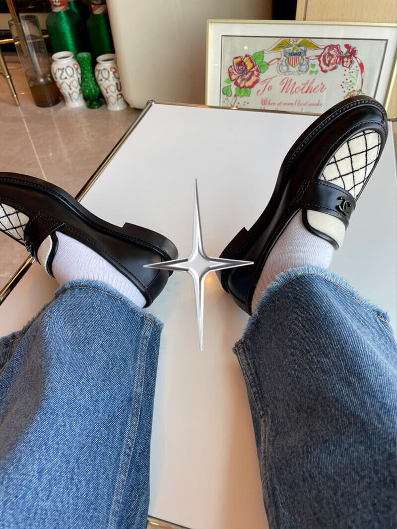 Chanel Black Leather and White Velvet Loafers