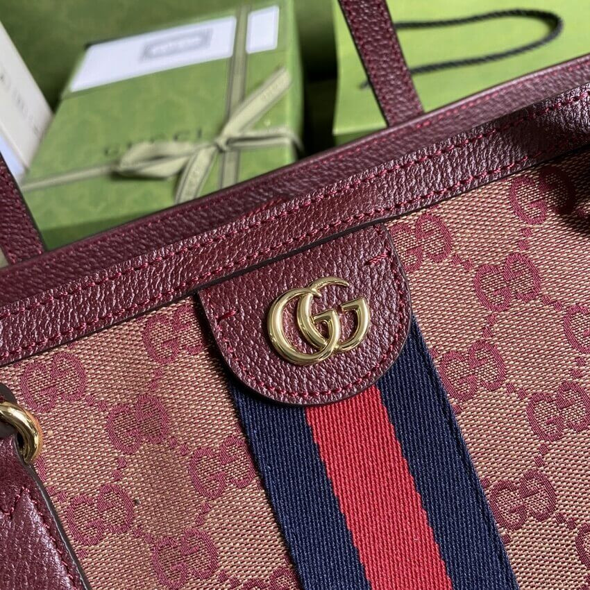Gucci Ophidia Medium Tote With Web in Burgundy GG Canvas 631685