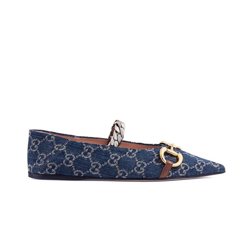 Gucci GG Horsebit Denim Ballet Flat With Horsebit