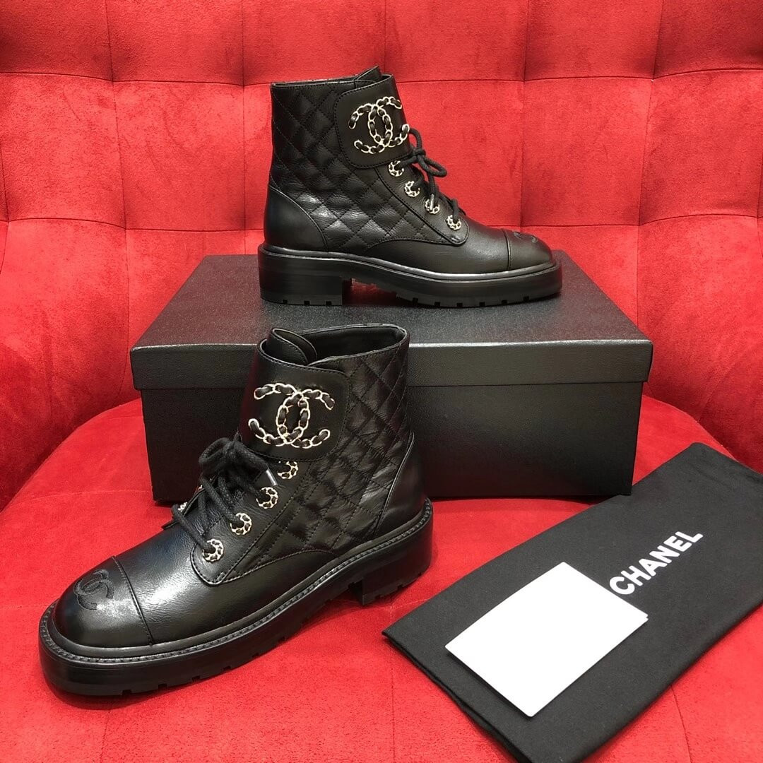 Chanel Black Quilted Leather Lace Up Boots