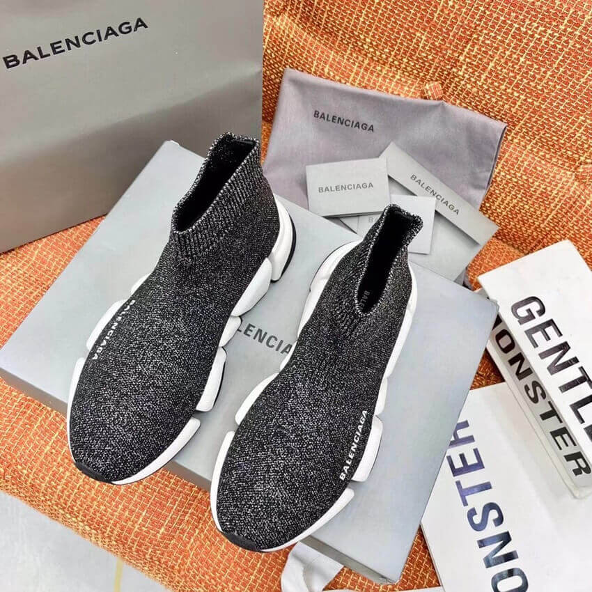Balenciaga Speed 2.0 Knit Sock Sneakers 617239 Metallic Black/White
