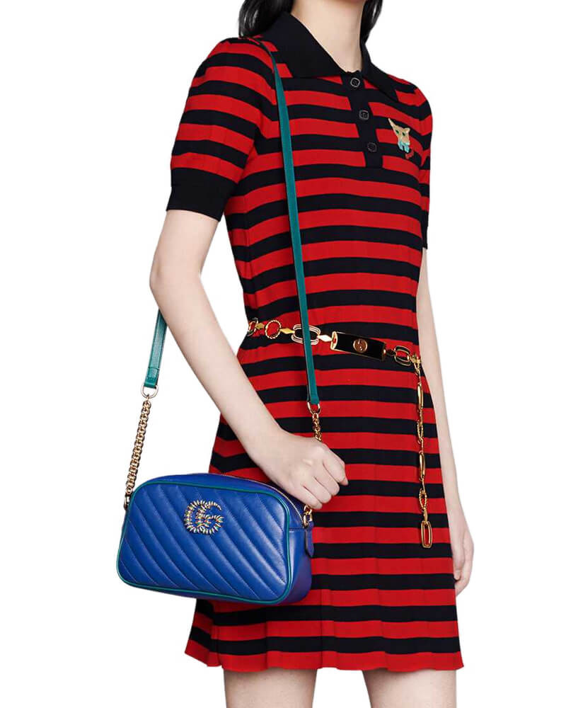 Gucci GG Marmont Small Shoulder Bag 447632 Blue and Emerald Leather