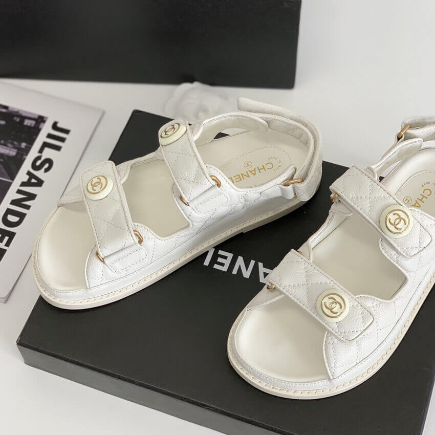 Chanel CC Button Velcro Sandals Grained Calfskin Leather 261157