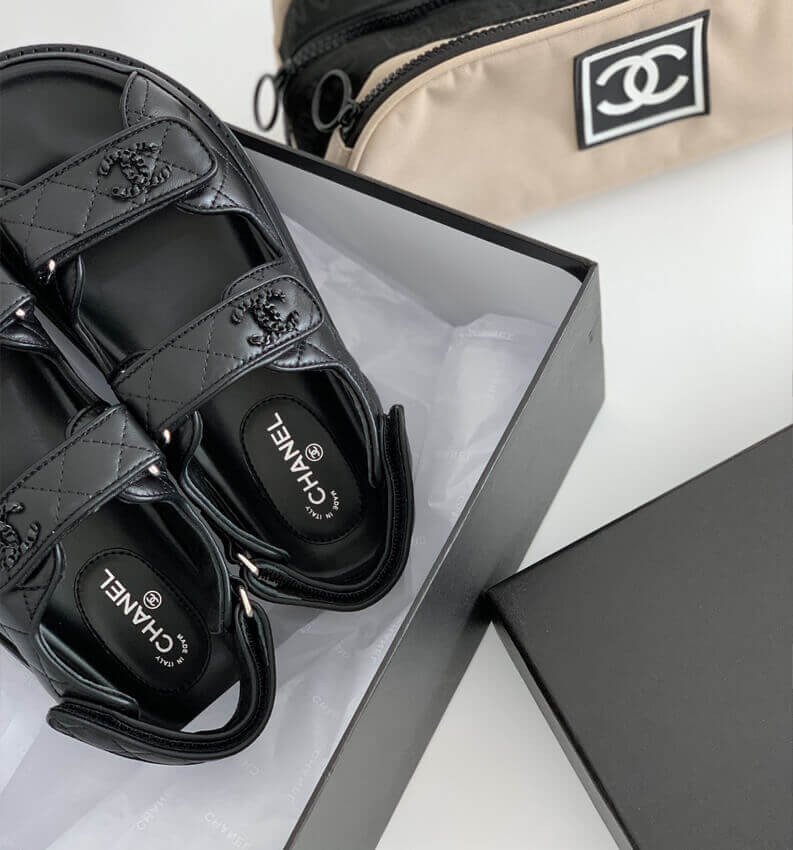 Chanel Caviar Gold CC Logo Velcro Dad Sandals G35927 Black