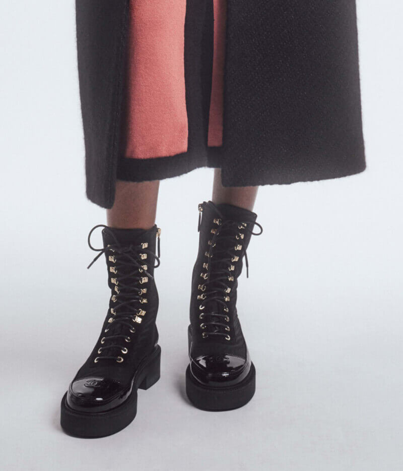 Chanel Nylon and Patent Calfskin Lace-Ups Boots G38086 Black
